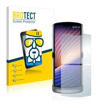 Front side of a product packaging with the brand logo BROTECT. Next to it is the device Motorola Razr 5G 2020 shown with the c