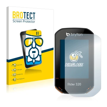 Front side of a product packaging with the brand logo BROTECT. Next to it is the device Bryton Rider 320 shown with the corres