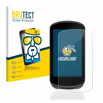Front side of a product packaging with the brand logo BROTECT. Next to it is the device Garmin Edge 1030 Plus shown with the c