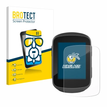 Front side of a product packaging with the brand logo BROTECT. Next to it is the device Garmin Edge 130 Plus shown with the co