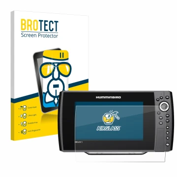 Front side of a product packaging with the brand logo BROTECT. Next to it is the device Humminbird Helix 9 G2N shown with the 
