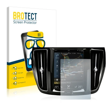 Front side of a product packaging with the brand logo BROTECT. Next to it is the device Volvo S60 Sensus Connect 2020 shown wi