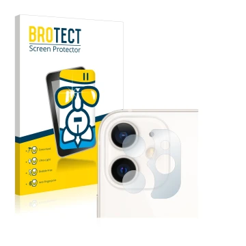 Front side of a product packaging with the brand logo BROTECT. Next to it is the device Apple iPhone 12 mini (ONLY Camera Lens