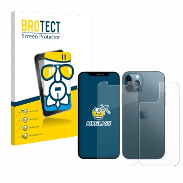 Front side of a product packaging with the brand logo BROTECT. Next to it is the device Apple iPhone 12 Pro (Front+Back) shown