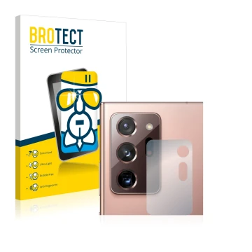 Front side of a product packaging with the brand logo BROTECT. Next to it is the device Samsung Galaxy Note 20 Ultra (ONLY Cam