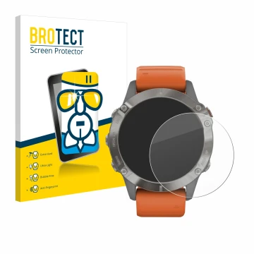 Front side of a product packaging with the brand logo BROTECT. Next to it is the device Garmin Fenix 6 Pro Solar shown with th