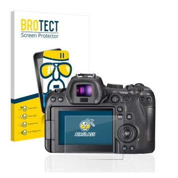 Front side of a product packaging with the brand logo BROTECT. Next to it is the device Canon EOS R6 shown with the correspond