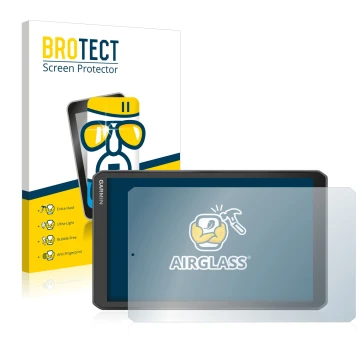 Front side of a product packaging with the brand logo BROTECT. Next to it is the device Garmin Camper 890 shown with the corre