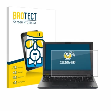Front side of a product packaging with the brand logo BROTECT. Next to it is the device Fujitsu Lifebook E5510 shown with the 
