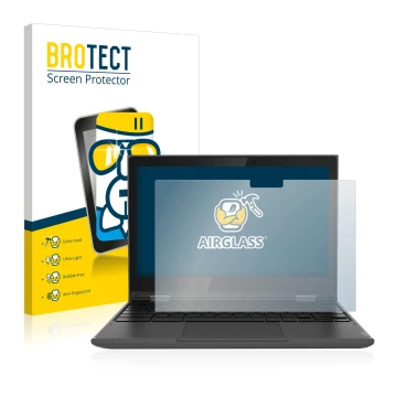 Front side of a product packaging with the brand logo BROTECT. Next to it is the device Lenovo 300e (2nd Gen.) shown with the 