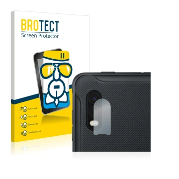 Front side of a product packaging with the brand logo BROTECT. Next to it is the device Samsung Galaxy XCover Pro (ONLY Camera