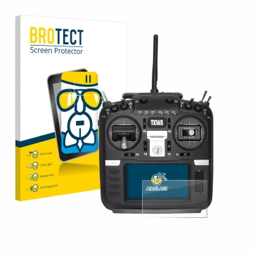 Front side of a product packaging with the brand logo BROTECT. Next to it is the device Radiomaster TX16S shown with the corre