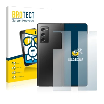 Front side of a product packaging with the brand logo BROTECT. Next to it is the device Samsung Galaxy Z Fold 2 5G (Front+Back