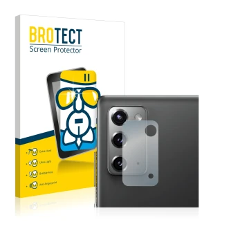 Front side of a product packaging with the brand logo BROTECT. Next to it is the device Samsung Galaxy Note 20 5G (ONLY Camera