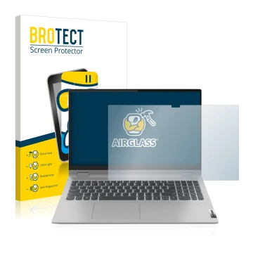 Front side of a product packaging with the brand logo BROTECT. Next to it is the device Lenovo IdeaPad Flex 5 15