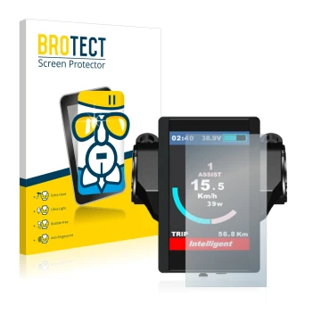 Front side of a product packaging with the brand logo BROTECT. Next to it is the device Bafang 850c shown with the correspondi