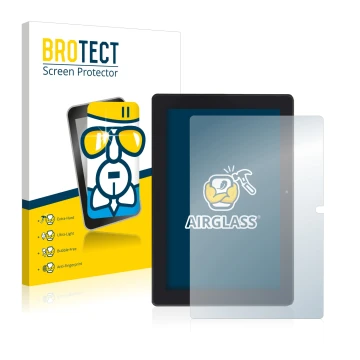 Front side of a product packaging with the brand logo BROTECT. Next to it is the device Simbans Tangotab 10