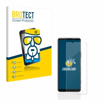 Front side of a product packaging with the brand logo BROTECT. Next to it is the device Sony Xperia 5 II shown with the corres