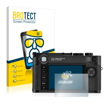 Front side of a product packaging with the brand logo BROTECT. Next to it is the device Leica M10-R shown with the correspondi