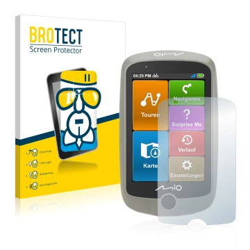 Front side of a product packaging with the brand logo BROTECT. Next to it is the device Mitac Mio Cyclo Discover shown with th