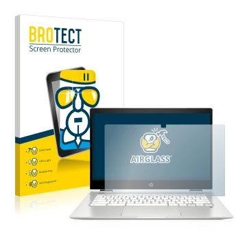 Front side of a product packaging with the brand logo BROTECT. Next to it is the device HP Chromebook x360 (14b-caX) shown wit