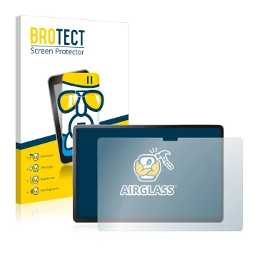 Front side of a product packaging with the brand logo BROTECT. Next to it is the device Lenovo Tab P11 Pro shown with the corr