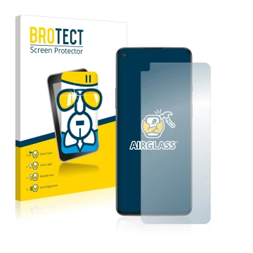 Front side of a product packaging with the brand logo BROTECT. Next to it is the device OnePlus 8T shown with the correspondin