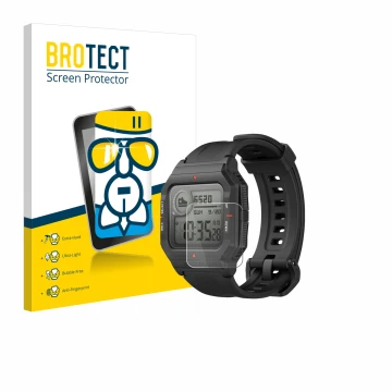 Front side of a product packaging with the brand logo BROTECT. Next to it is the device Huami Amazfit Neo shown with the corre