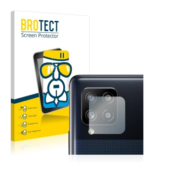 Front side of a product packaging with the brand logo BROTECT. Next to it is the device Samsung Galaxy A42 5G (ONLY Camera Len