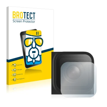 Front side of a product packaging with the brand logo BROTECT. Next to it is the device GoPro Hero 9 Black (Lens) shown with t