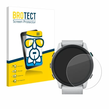 Front side of a product packaging with the brand logo BROTECT. Next to it is the device Garmin Forerunner 745 shown with the c