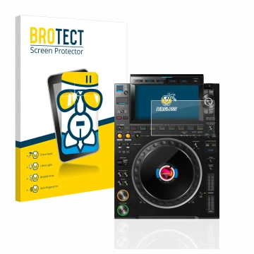 Front side of a product packaging with the brand logo BROTECT. Next to it is the device Pioneer CDJ 3000 shown with the corres