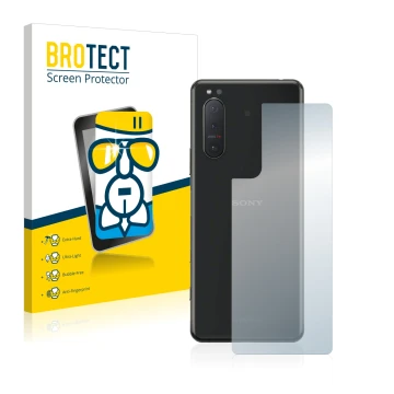 Front side of a product packaging with the brand logo BROTECT. Next to it is the device Sony Xperia 5 II (Back) shown with the