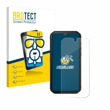 Front side of a product packaging with the brand logo BROTECT. Next to it is the device Blackview BV9900E shown with the corre