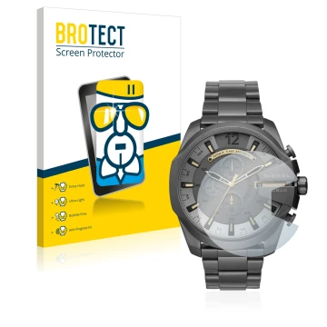 Front side of a product packaging with the brand logo BROTECT. Next to it is the device Diesel Chronograph DZ4466 shown with t