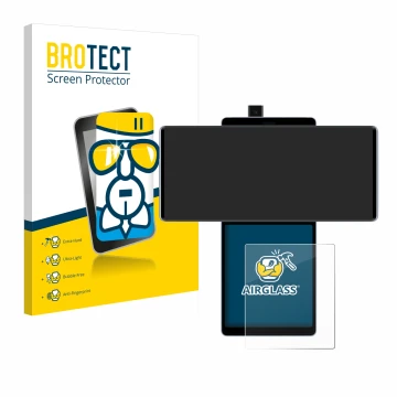 Front side of a product packaging with the brand logo BROTECT. Next to it is the device LG Wing (Back display) shown with the 