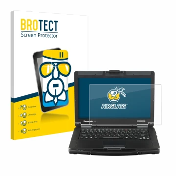 Front side of a product packaging with the brand logo BROTECT. Next to it is the device Panasonic Toughbook FZ-55 Full HD show