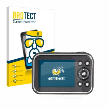 Front side of a product packaging with the brand logo BROTECT. Next to it is the device Vtech Kidizoom Video Studio HD shown w