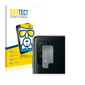 Front side of a product packaging with the brand logo BROTECT. Next to it is the device Xiaomi Mi 10T Pro 5G (ONLY Camera Lens