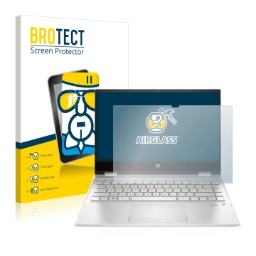 Front side of a product packaging with the brand logo BROTECT. Next to it is the device HP Pavilion x360 (14-dwX) shown with t