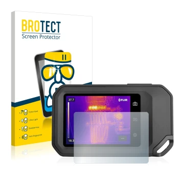 Front side of a product packaging with the brand logo BROTECT. Next to it is the device Flir C5 shown with the corresponding s