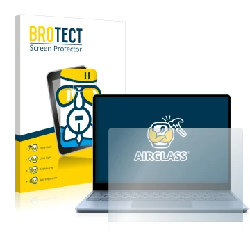 Front side of a product packaging with the brand logo BROTECT. Next to it is the device Microsoft Surface Laptop Go shown with