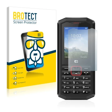 Front side of a product packaging with the brand logo BROTECT. Next to it is the device Crosscall Spider X5 shown with the cor