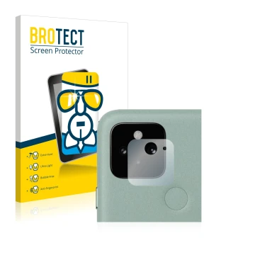Front side of a product packaging with the brand logo BROTECT. Next to it is the device Google Pixel 5 (ONLY Camera Lens) show