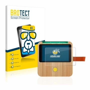 Front side of a product packaging with the brand logo BROTECT. Next to it is the device tigerbox Touch shown with the correspo