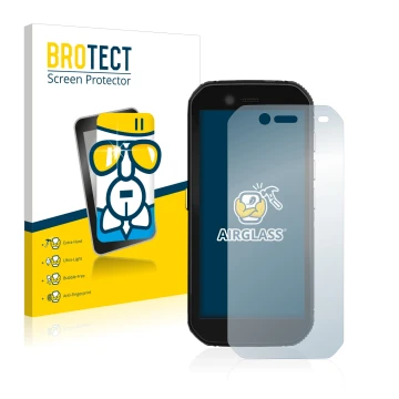 Front side of a product packaging with the brand logo BROTECT. Next to it is the device Caterpillar Cat S42 shown with the cor