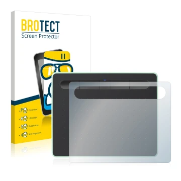 Front side of a product packaging with the brand logo BROTECT. Next to it is the device Wacom Intuos S Bluetooth shown with th