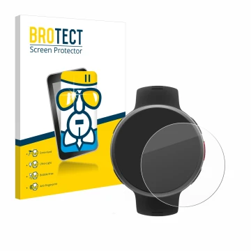 Front side of a product packaging with the brand logo BROTECT. Next to it is the device Polar Vantage V2 shown with the corres