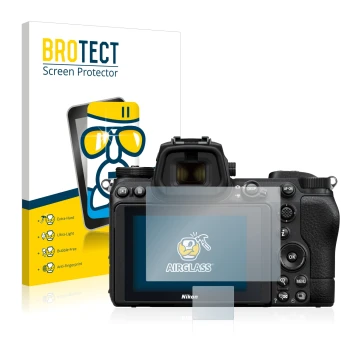 Front side of a product packaging with the brand logo BROTECT. Next to it is the device Nikon Z 7 II shown with the correspond