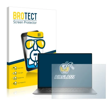 Front side of a product packaging with the brand logo BROTECT. Next to it is the device Dell XPS 15 9500 shown with the corres